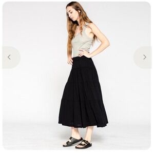 Wilt Black Cotton Gauze Tiered Midi Skirt Elastic Waist Boho Made in USA L flowy